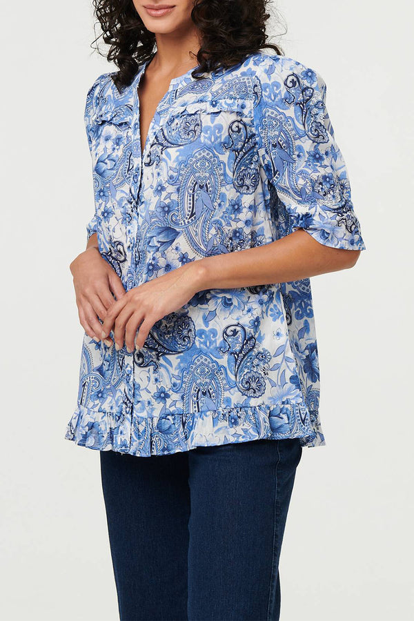 MULTI BLUE | Paisley Frill Trim 1/2 Sleeve Shirt