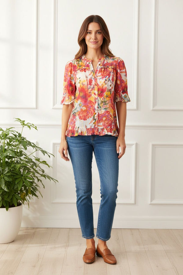MULTI ORANGE | Floral 1/2 Sleeve Frill Trim Shirt