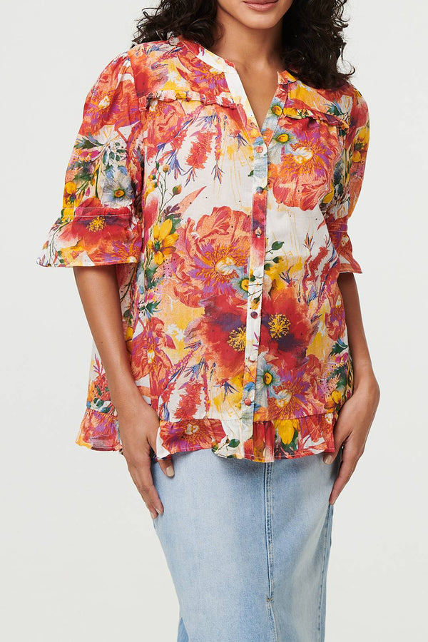 MULTI ORANGE | Floral 1/2 Sleeve Frill Trim Shirt