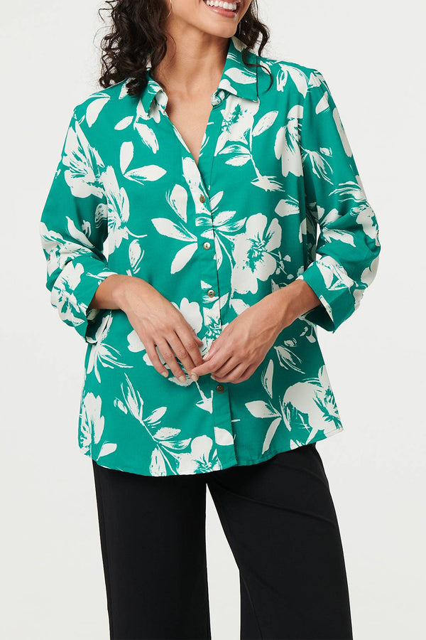 MULTI GREEN | Floral 3/4 Sleeve Relaxed Shirt
