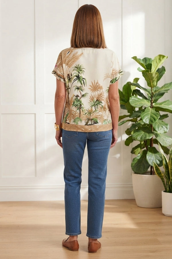 Tropical Print Relaxed Short Sleeve Top| MULTI BEIGE