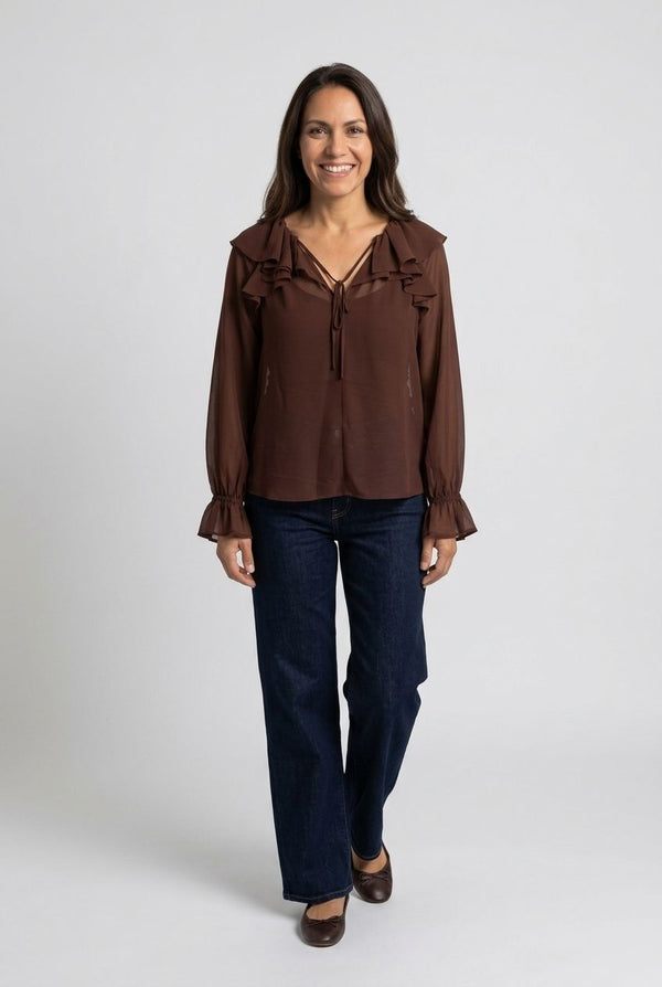 Semi Sheer Ruffled Tie Front Blouse| BROWN