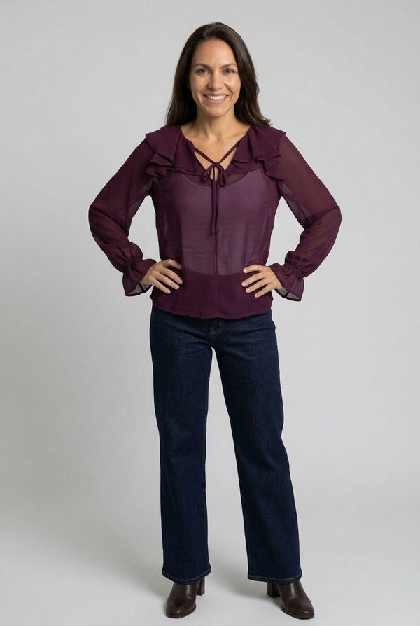 Semi Sheer Ruffled Tie Front Blouse| PURPLE