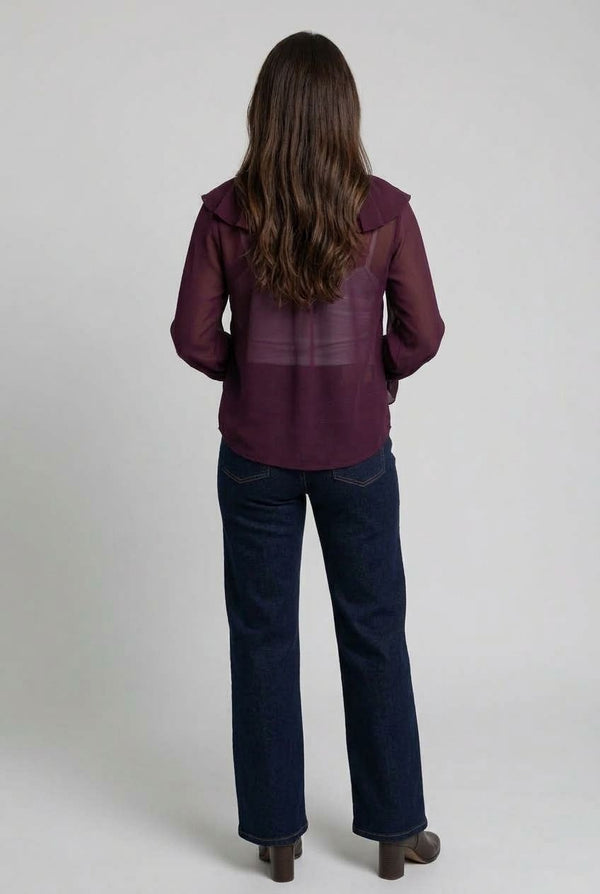 Semi Sheer Ruffled Tie Front Blouse| PURPLE