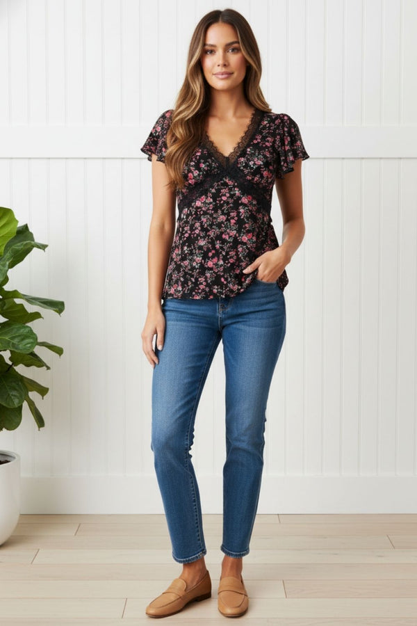 Ditsy Floral Lace Trim Cap Sleeve Top| BLACK