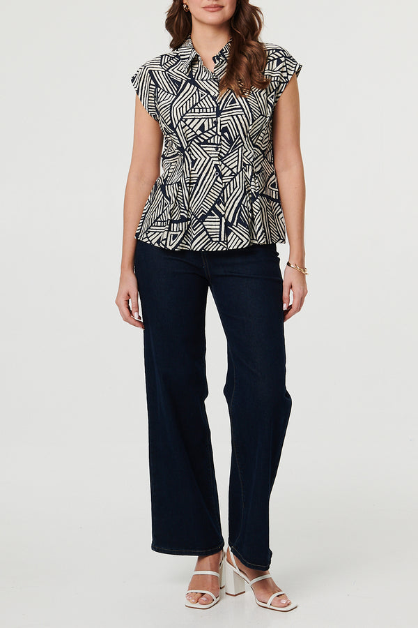 Geo Print Cap Sleeve Fitted Shirt| NAVY
