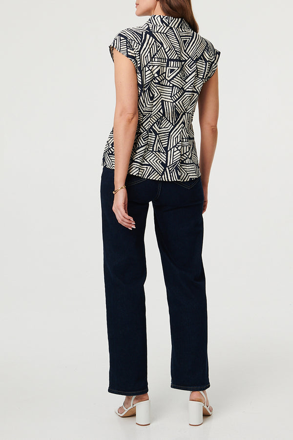 Geo Print Cap Sleeve Fitted Shirt| NAVY