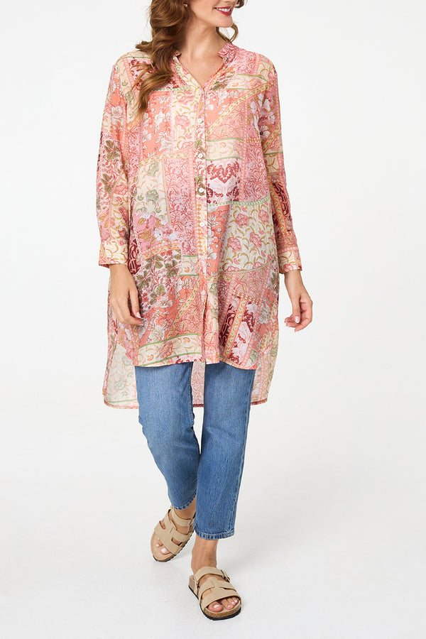 MULTIPINK / Printed Semi Sheer Longline Tunic Shirt