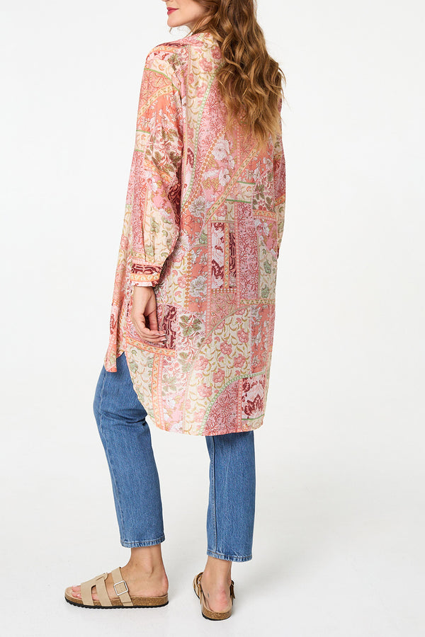 MULTIPINK / Printed Semi Sheer Longline Tunic Shirt