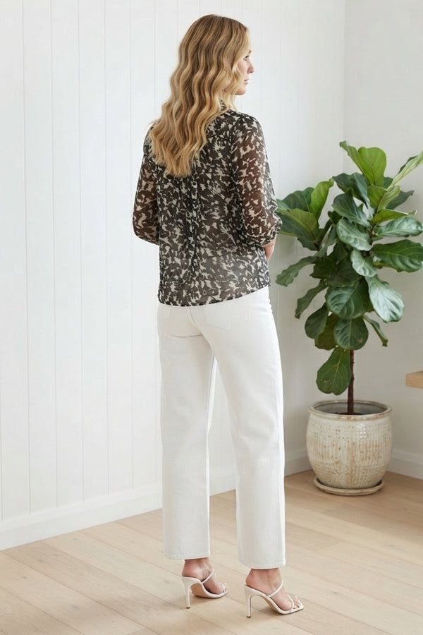 Printed Semi Sheer Ruched Blouse| BROWN