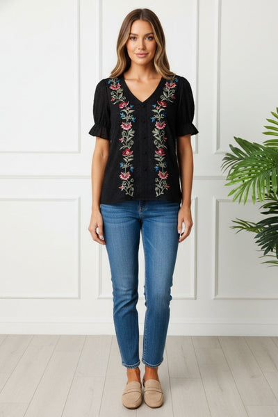 Floral Short Puff Sleeve V-Neck Blouse| BLACK