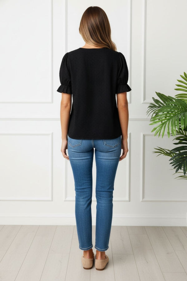 Floral Short Puff Sleeve V-Neck Blouse| BLACK