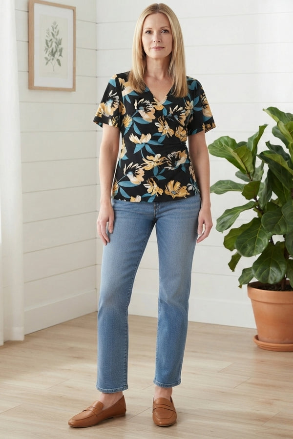 Floral Angel Sleeve Wrap Blouse| BLACK
