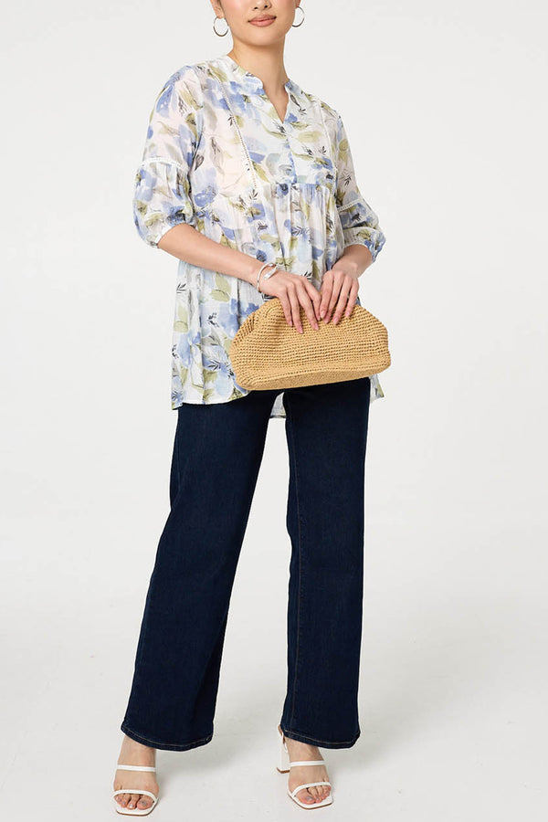 Floral Relaxed 3/4 Sleeve Blouse| BLUE