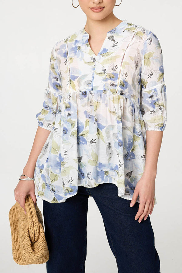 Floral Relaxed 3/4 Sleeve Blouse| BLUE