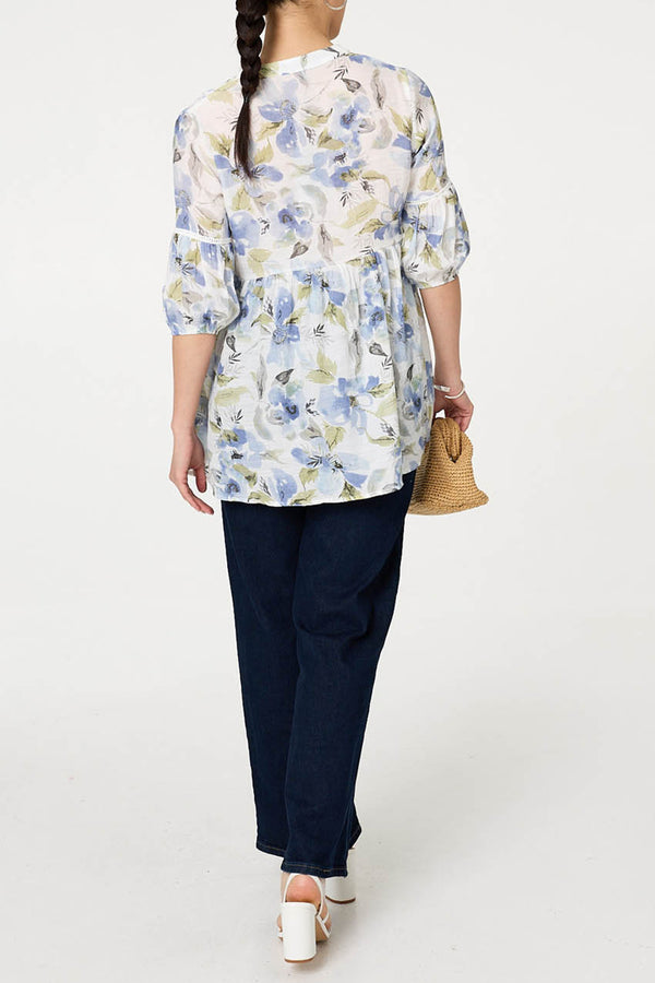 Floral Relaxed 3/4 Sleeve Blouse| BLUE
