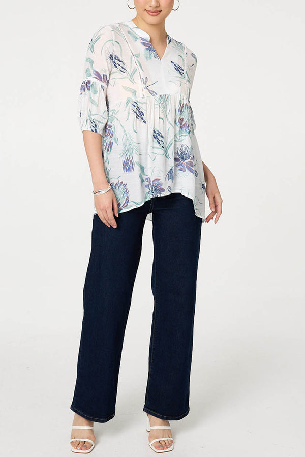 Printed 3/4 Sleeve Relaxed Blouse| BLUE
