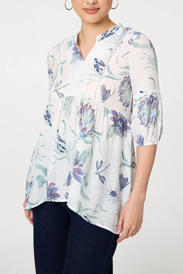 Printed 3/4 Sleeve Relaxed Blouse| BLUE