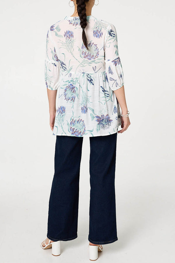 Printed 3/4 Sleeve Relaxed Blouse| BLUE