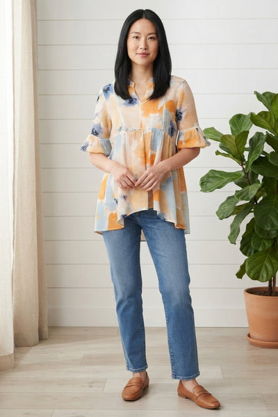 Printed 1/2 Sleeve Ruched Relaxed Blouse| BLUE