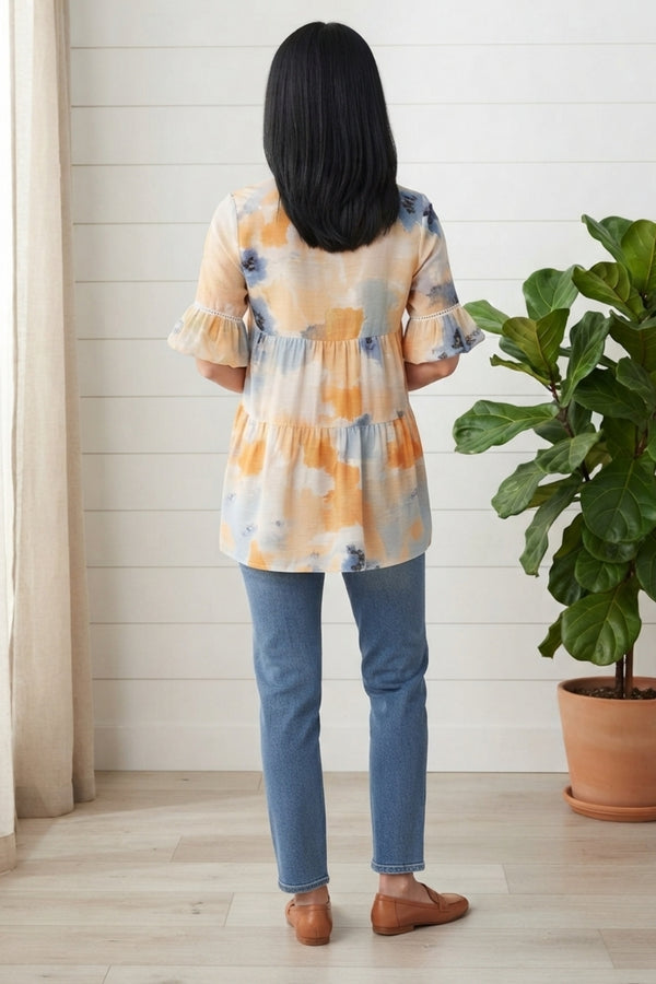 Printed 1/2 Sleeve Ruched Relaxed Blouse| BLUE