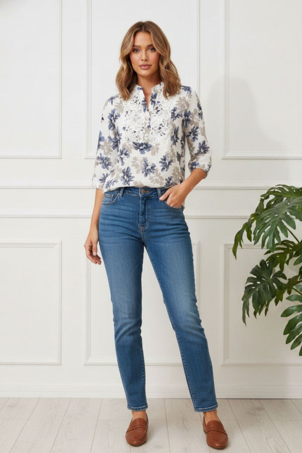 Floral 3/4 Sleeve Lace Trim Blouse