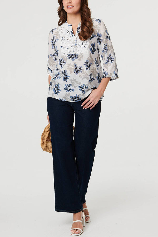 Floral 3/4 Sleeve Lace Trim Blouse| BLUE