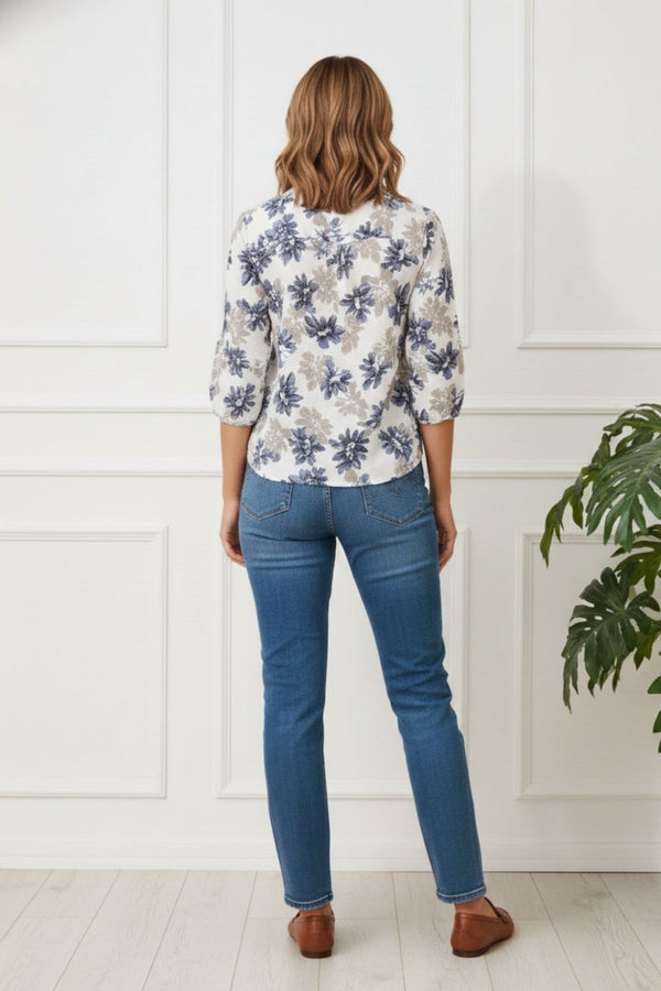 Floral 3/4 Sleeve Lace Trim Blouse