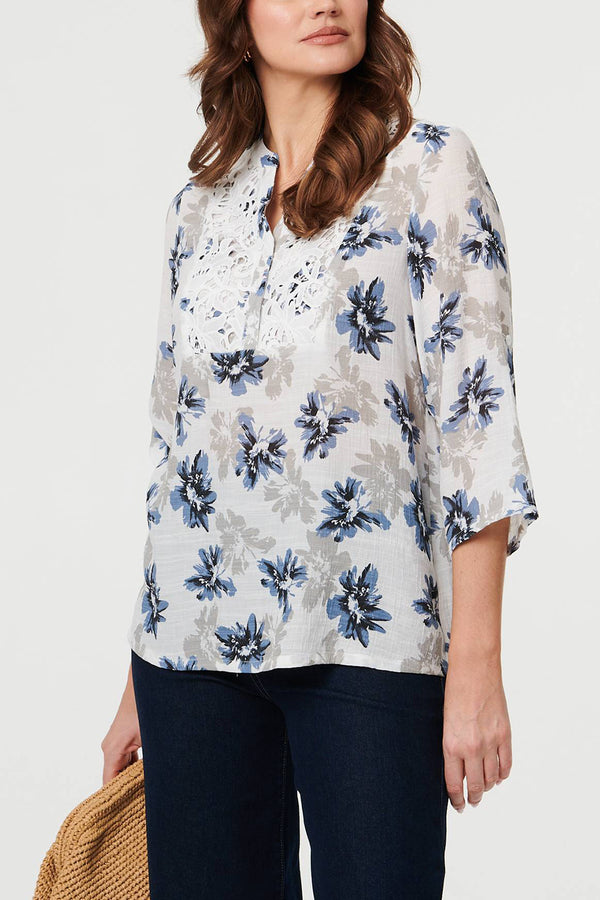 Floral 3/4 Sleeve Lace Trim Blouse| BLUE