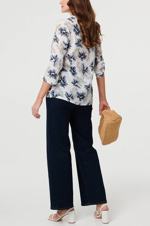 Floral 3/4 Sleeve Lace Trim Blouse| BLUE