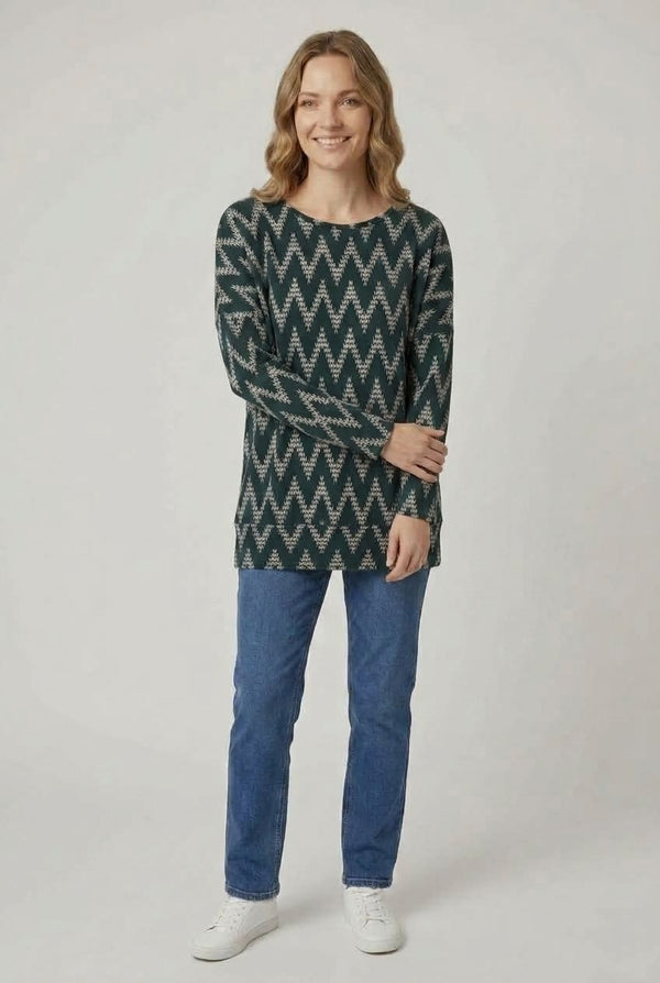 Zig Zag Print Long Sleeve Tunic Top| GREEN