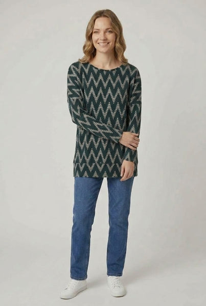 Zig Zag Print Long Sleeve Tunic Top| GREEN