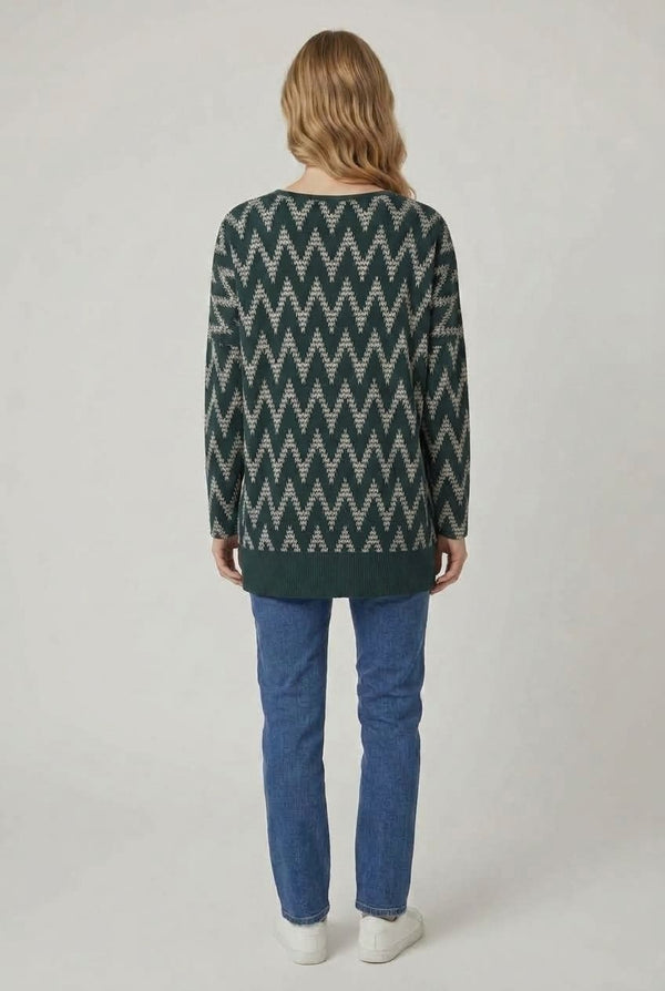 Zig Zag Print Long Sleeve Tunic Top| GREEN