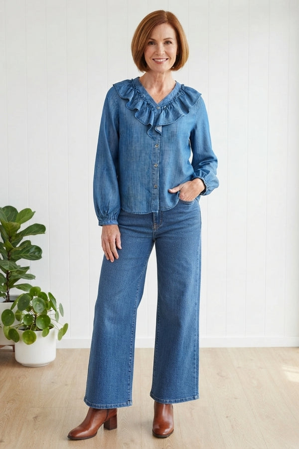 Denim-Look Ruffled Long Sleeve Shirt| BLUE