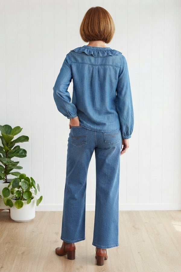 Denim-Look Ruffled Long Sleeve Shirt| BLUE