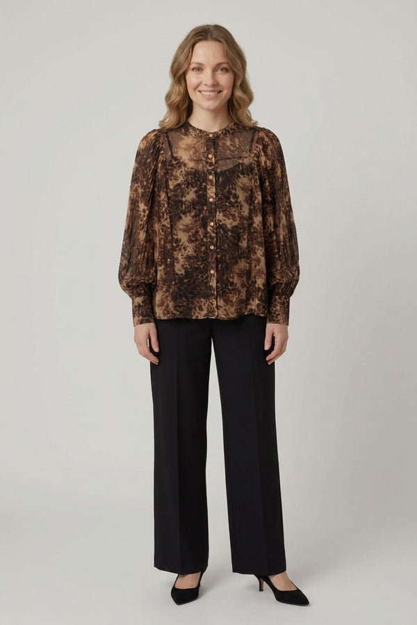 Animal Print Long Balloon Sleeve Blouse| BROWN