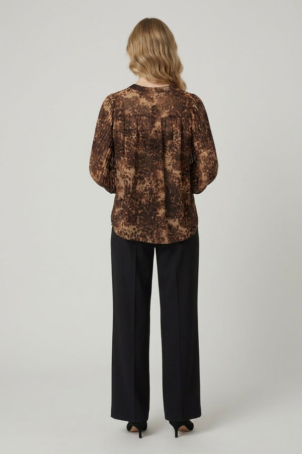Animal Print Long Balloon Sleeve Blouse| BROWN