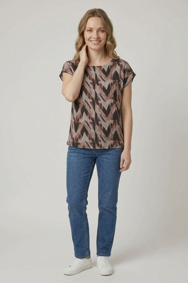 Chevron Print Floaty Cap Sleeve Blouse| MULTI BROWN