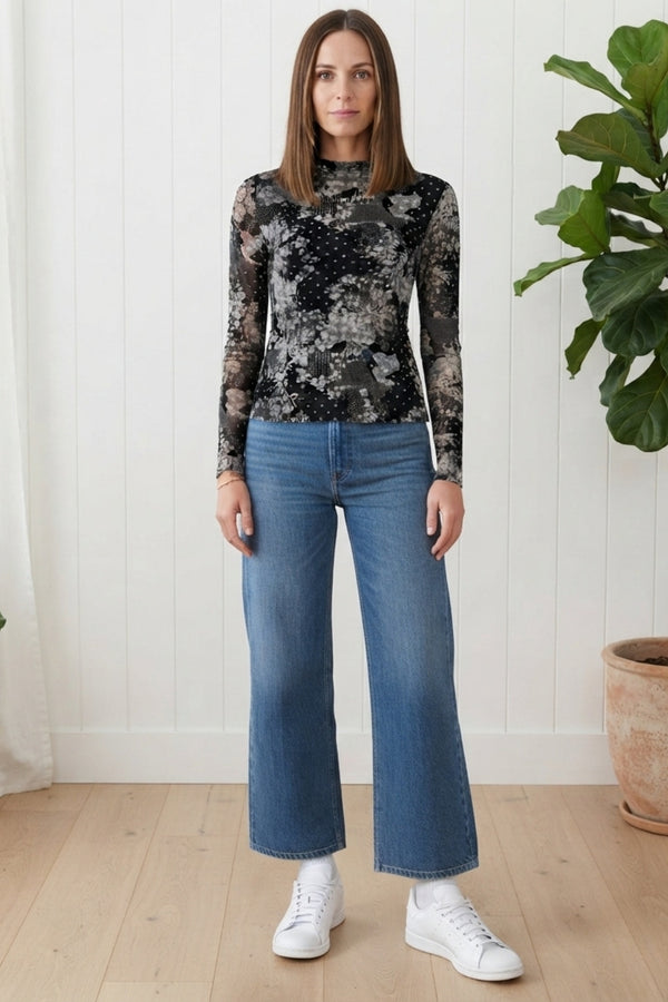 Abstract Floral Mesh Long Sleeve Top| MULTI BLACK