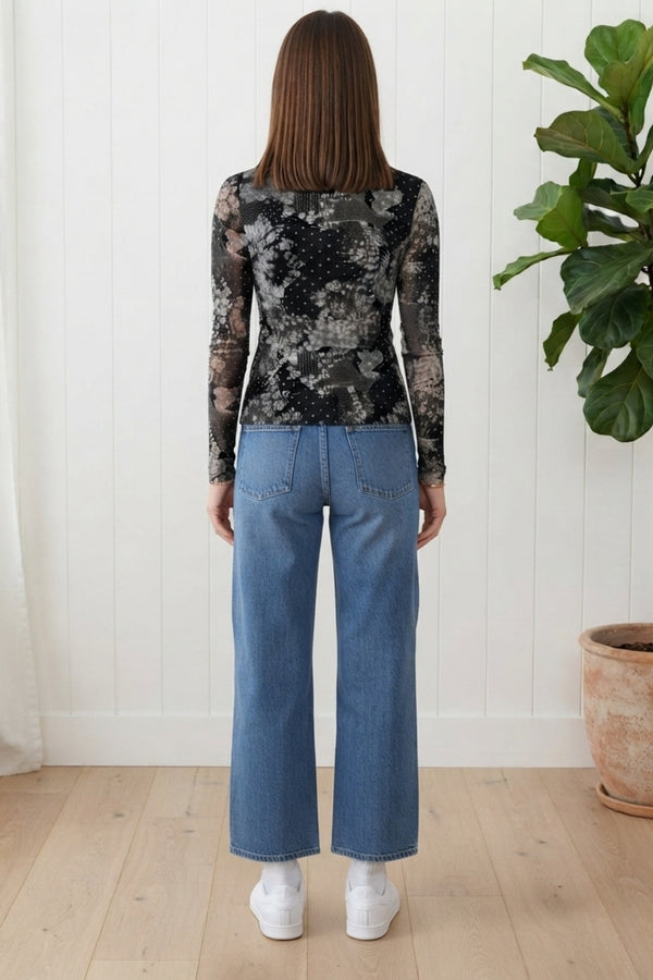 Abstract Floral Mesh Long Sleeve Top| MULTI BLACK