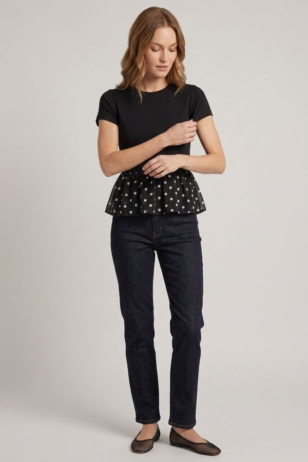 Polka Dot Print Short Sleeve Peplum Top| BLACK
