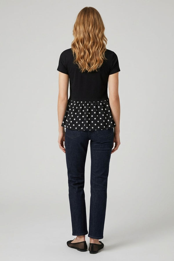 Polka Dot Print Short Sleeve Peplum Top| BLACK