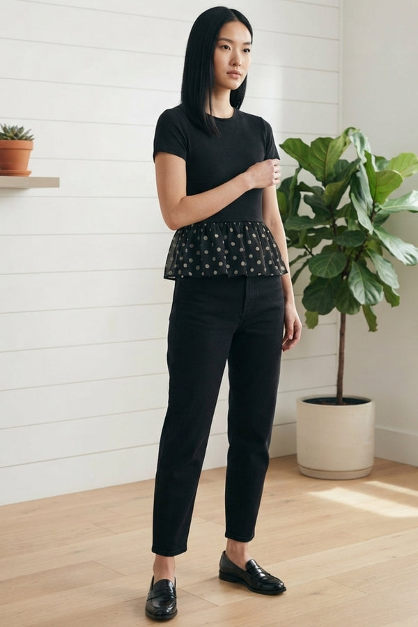 Polka Dot Print Short Sleeve Peplum Top| BLACK