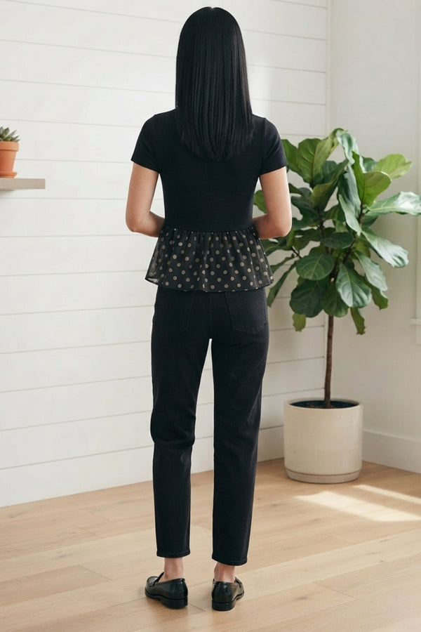 Polka Dot Print Short Sleeve Peplum Top| BLACK