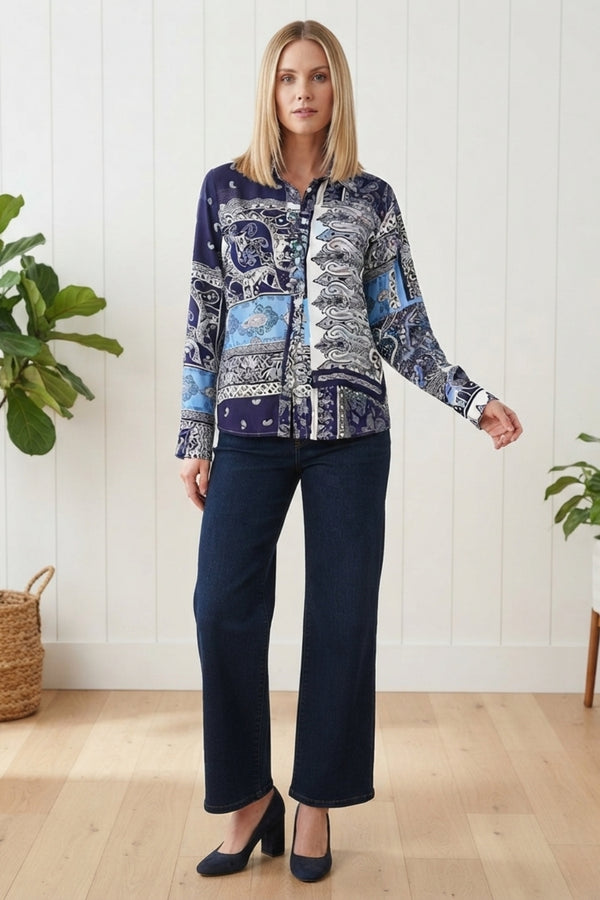 Patchwork Print Long Sleeve Shirt| NAVY
