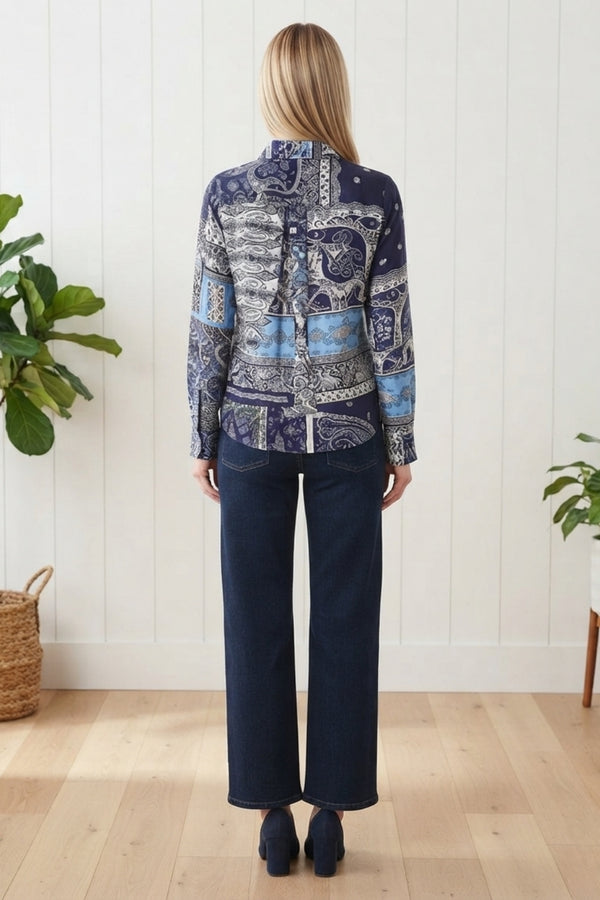 Patchwork Print Long Sleeve Shirt| NAVY