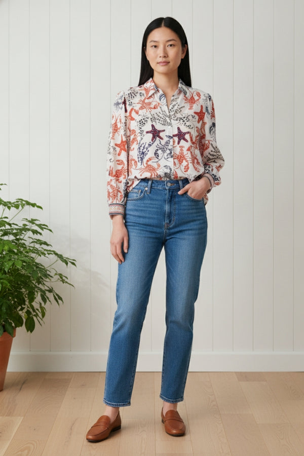 Printed Long Sleeve Relaxed Shirt| MULT_WHITE