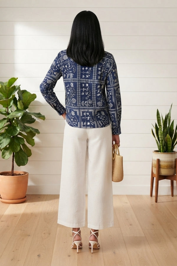 Printed Long Sleeve Button Front Shirt| BLUE