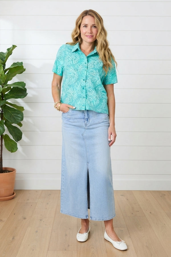 Leaf Embroidered Short Sleeve Shirt| BLUE