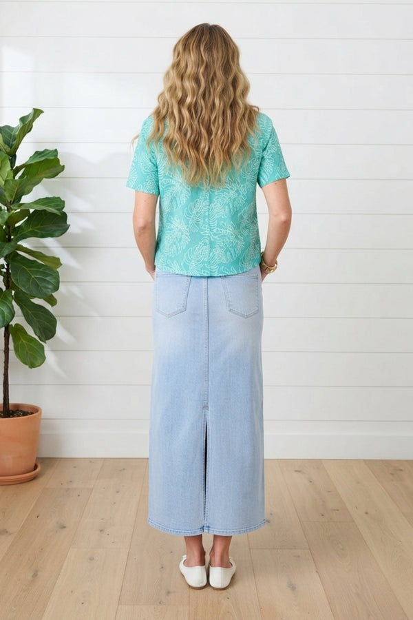 Leaf Embroidered Short Sleeve Shirt| BLUE
